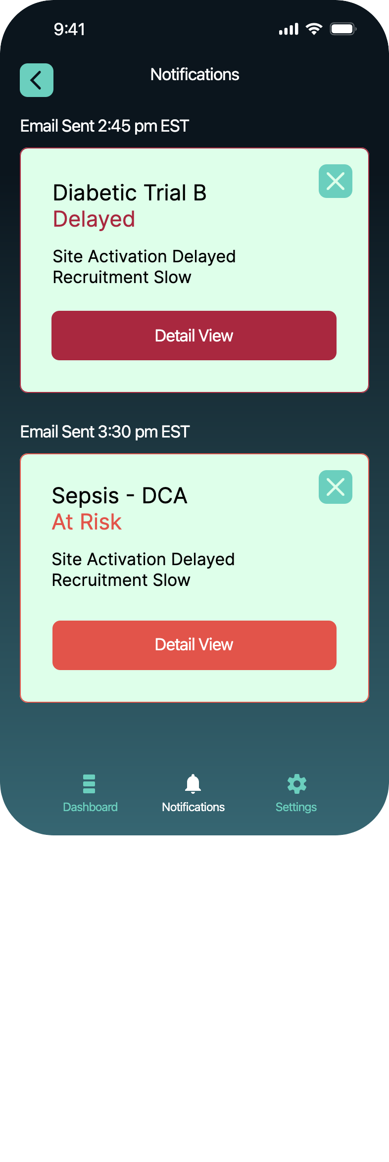 Screenshot of notification screen of application, that shows rescent changes to trials